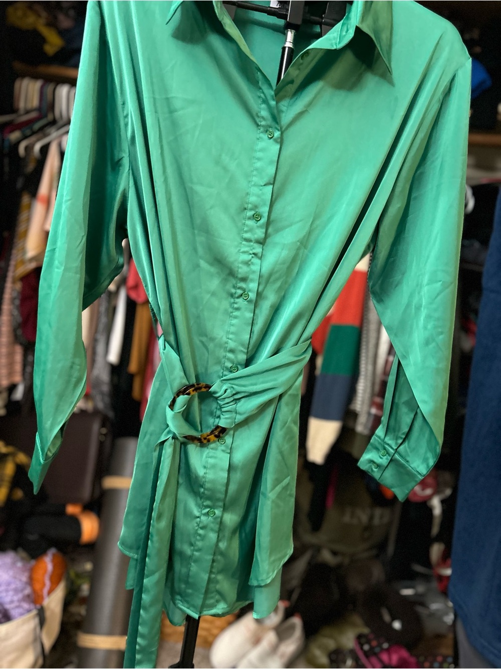 Princess Polly Green Sayin Shirt Mini Dress with Tortoiseshell Ring Belt Size 6